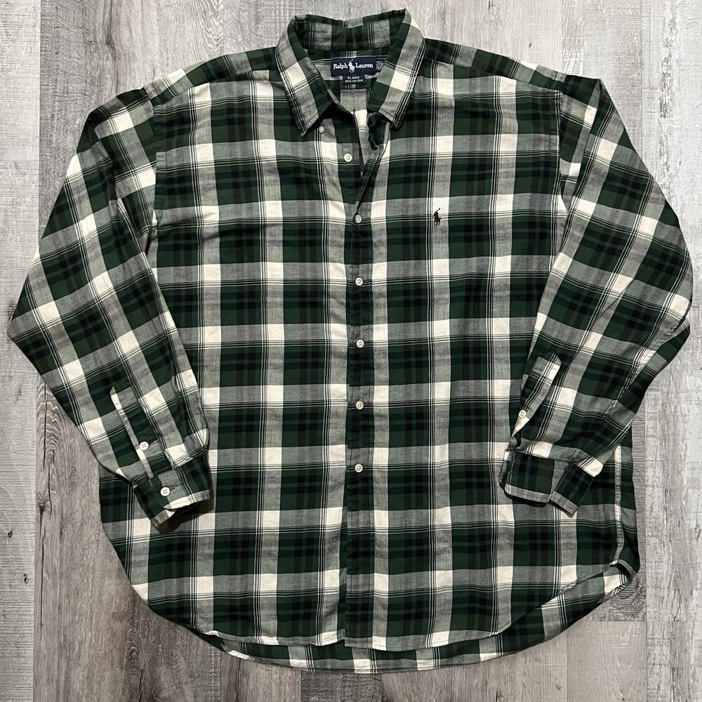 VTG Polo Ralph Lauren Blaire Shirt Mens L Green Plaid Cotton Button Down Pony